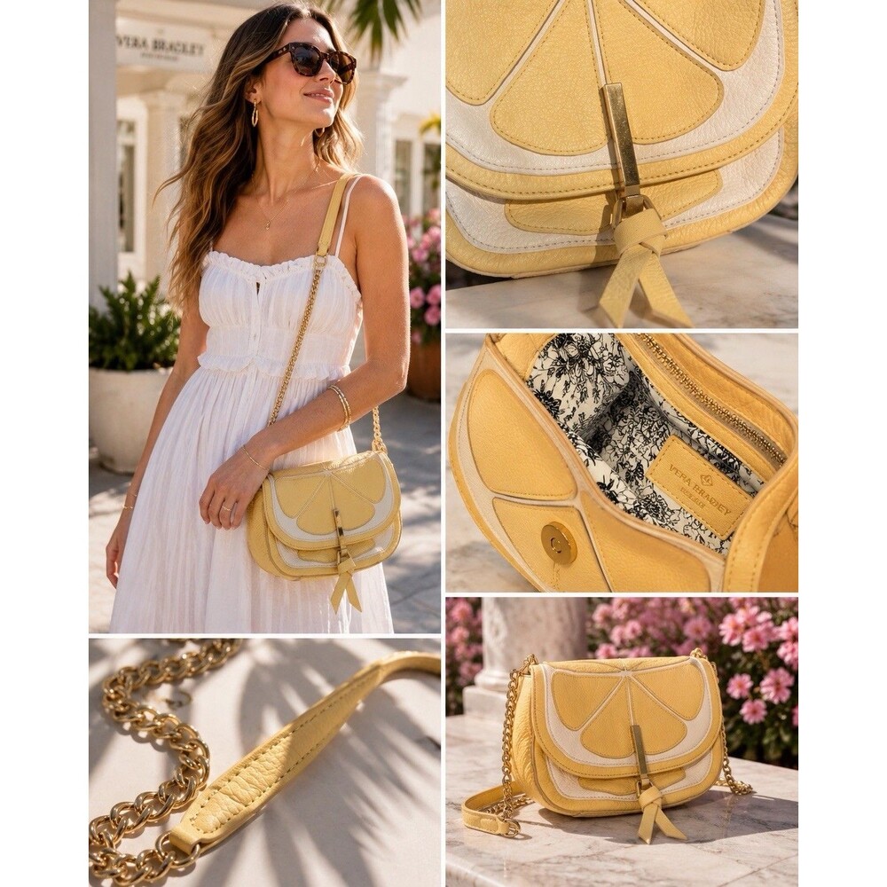 Vera Bradley Yellow White Leather Flower Lemon Saddlebag Crossbody Purse